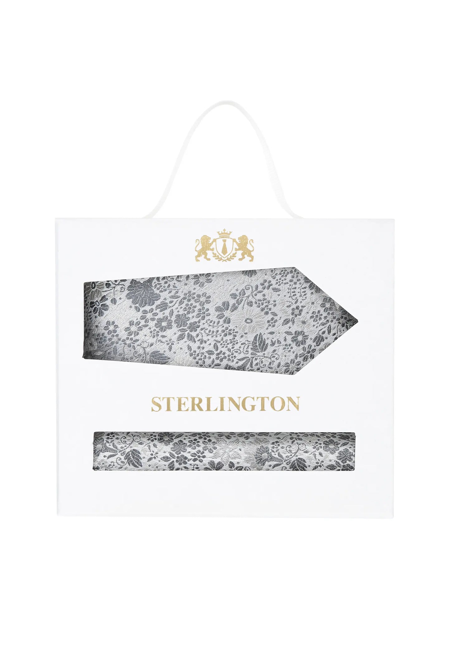 (Silber) Krawatte Einstecktuch Set Floral Seide – Sterlington Geschenkbox Frontalansicht