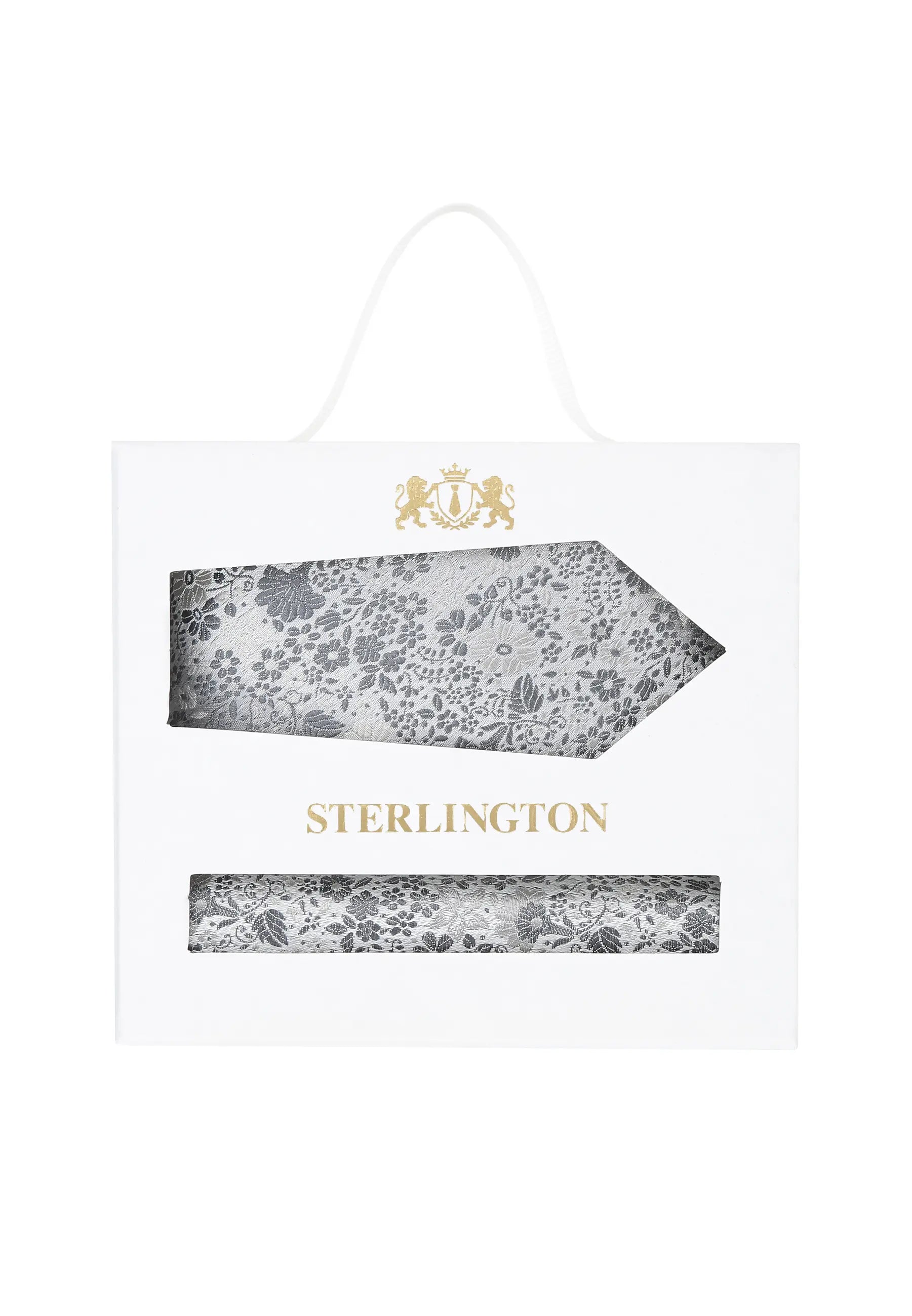 (Silber) Krawatte Einstecktuch Set Floral Seide – Sterlington Geschenkbox Frontalansicht