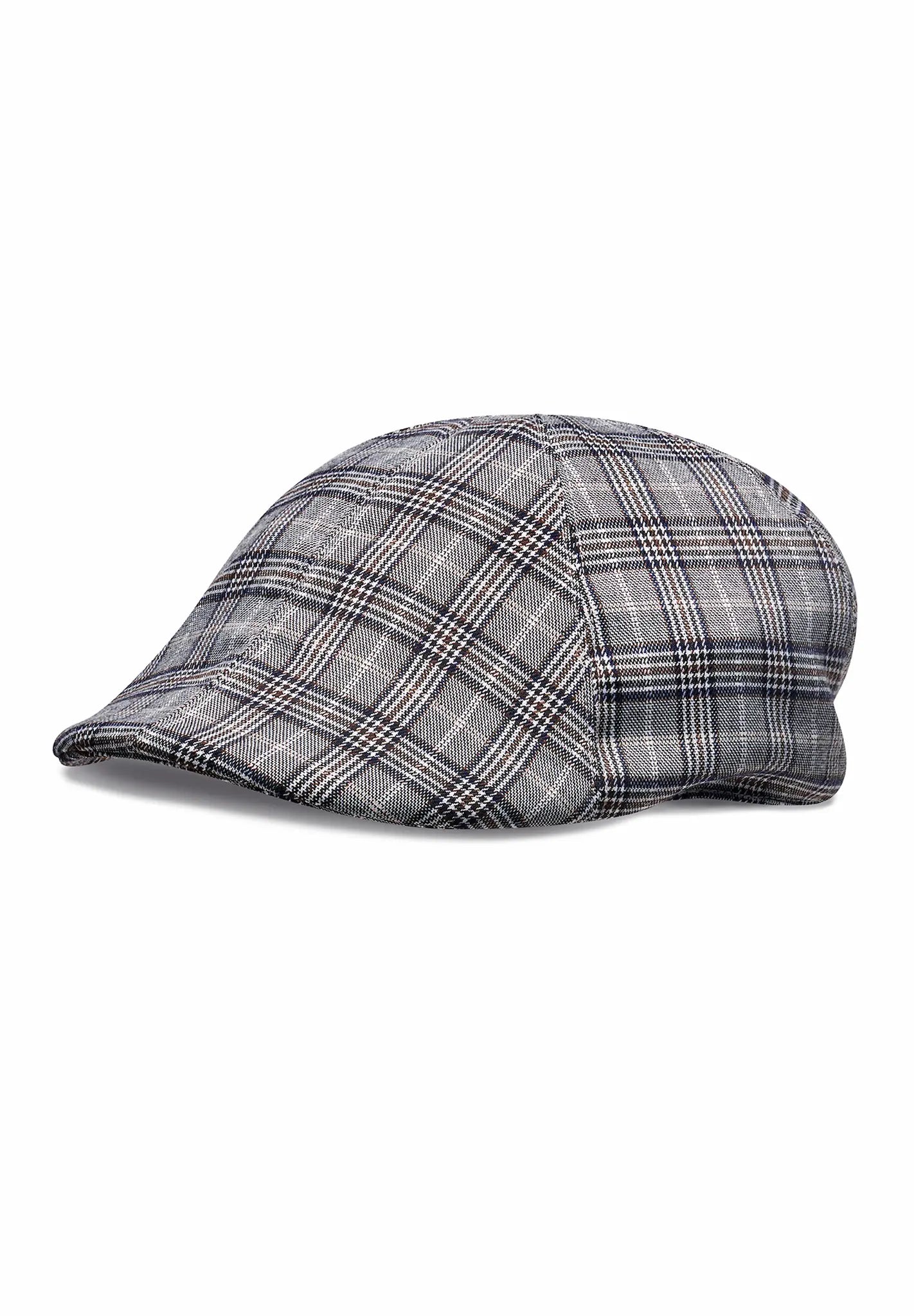 (Grau) Flat Cap Schiebermütze Herren, graues Karo-Design, freigestellt, seitliche Ansicht