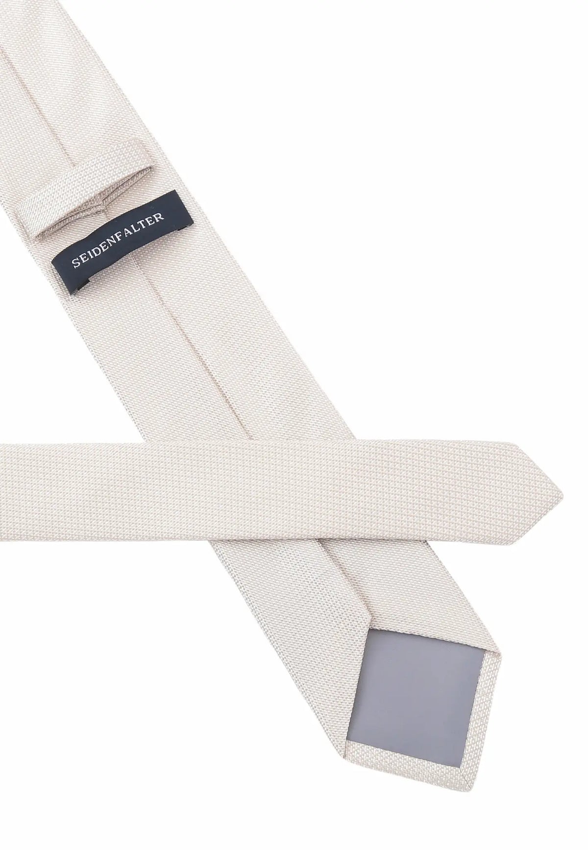 (Beige) Rückseite der Seidenkrawatte mit Label und Innenfutter, florales Muster