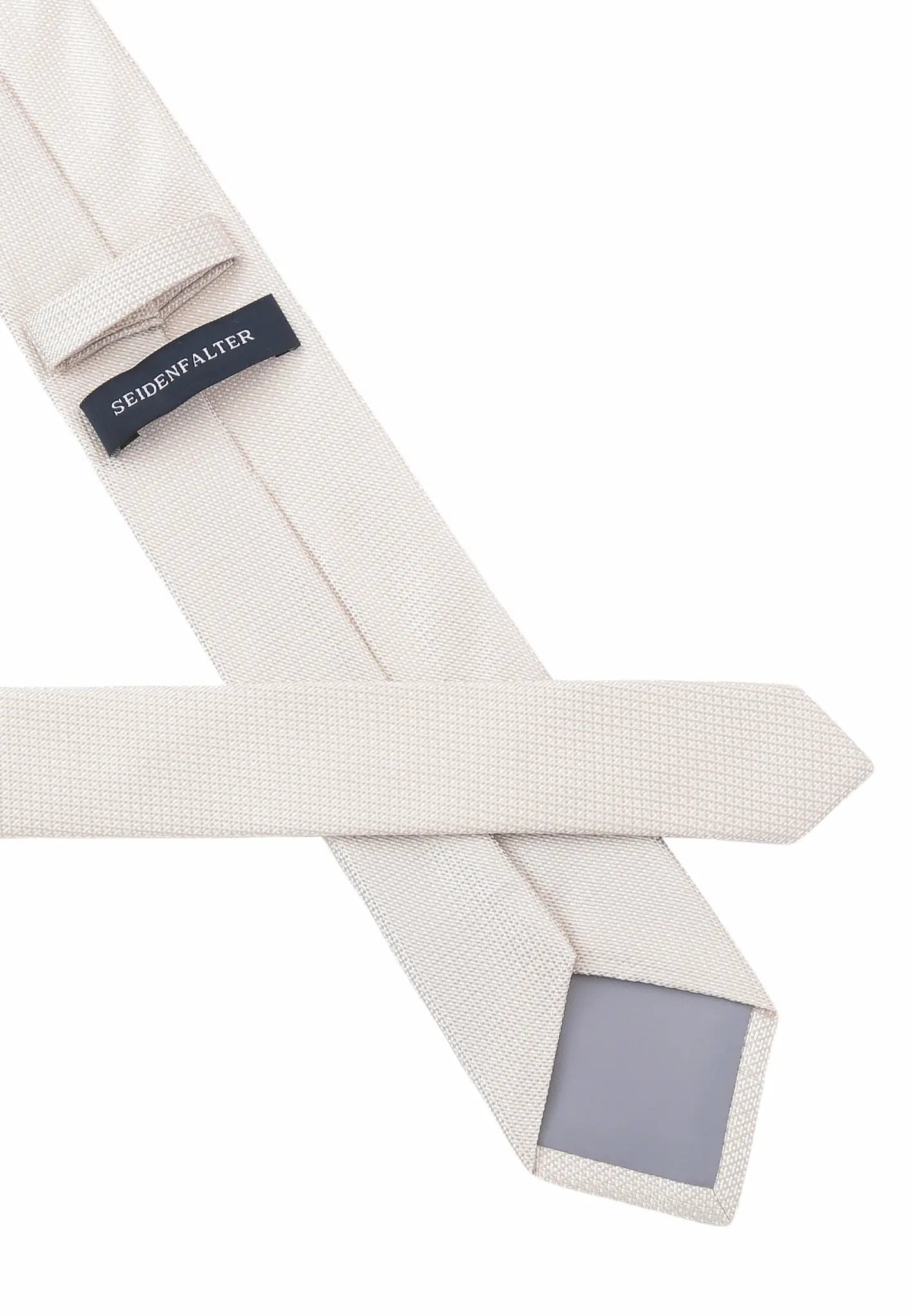 (Beige) Rückseite der Seidenkrawatte mit Label und Innenfutter, florales Muster