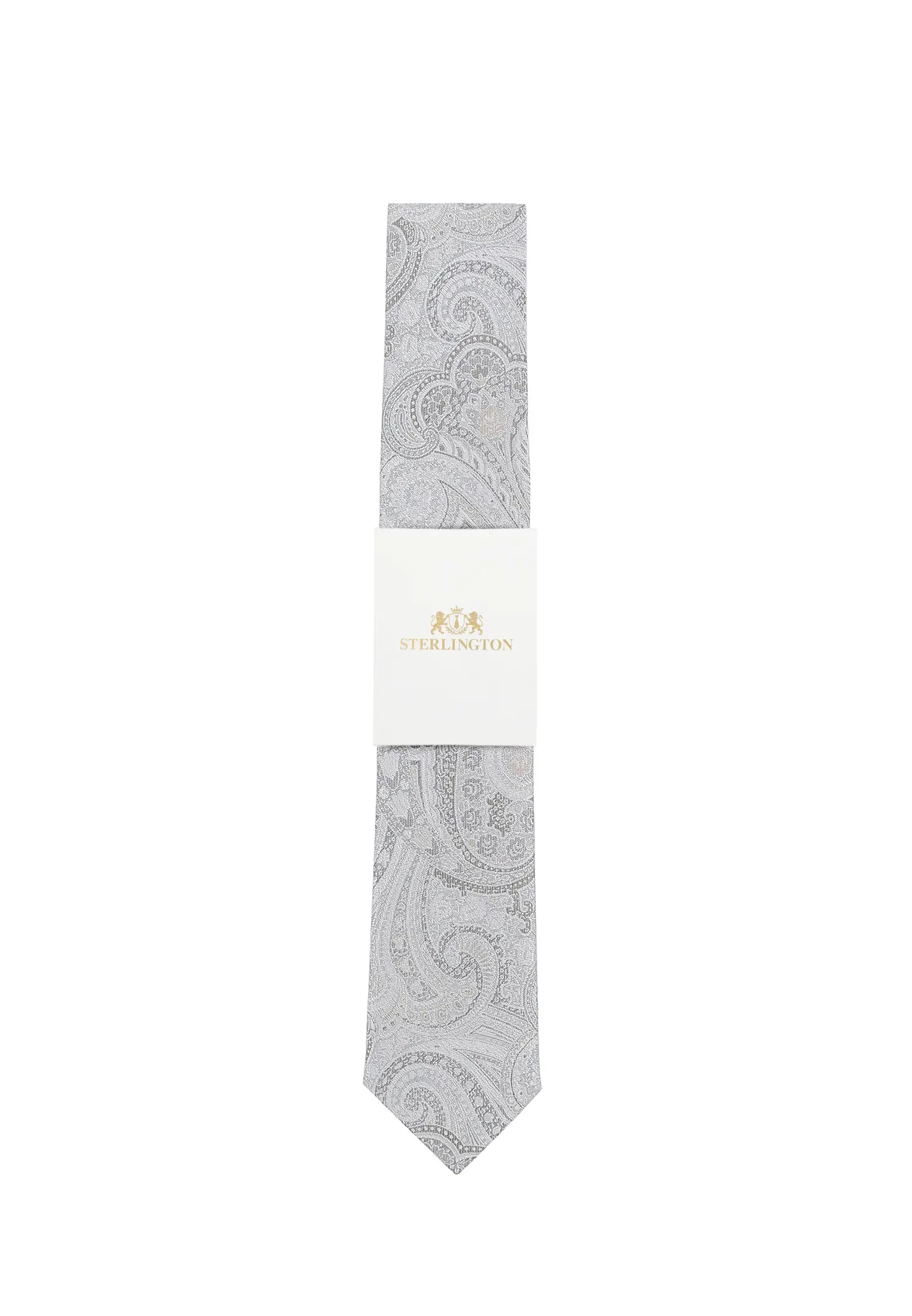 (Silber) Hochzeitskrawatte Sterlington Paisley – mit Banderole Gesamtansicht