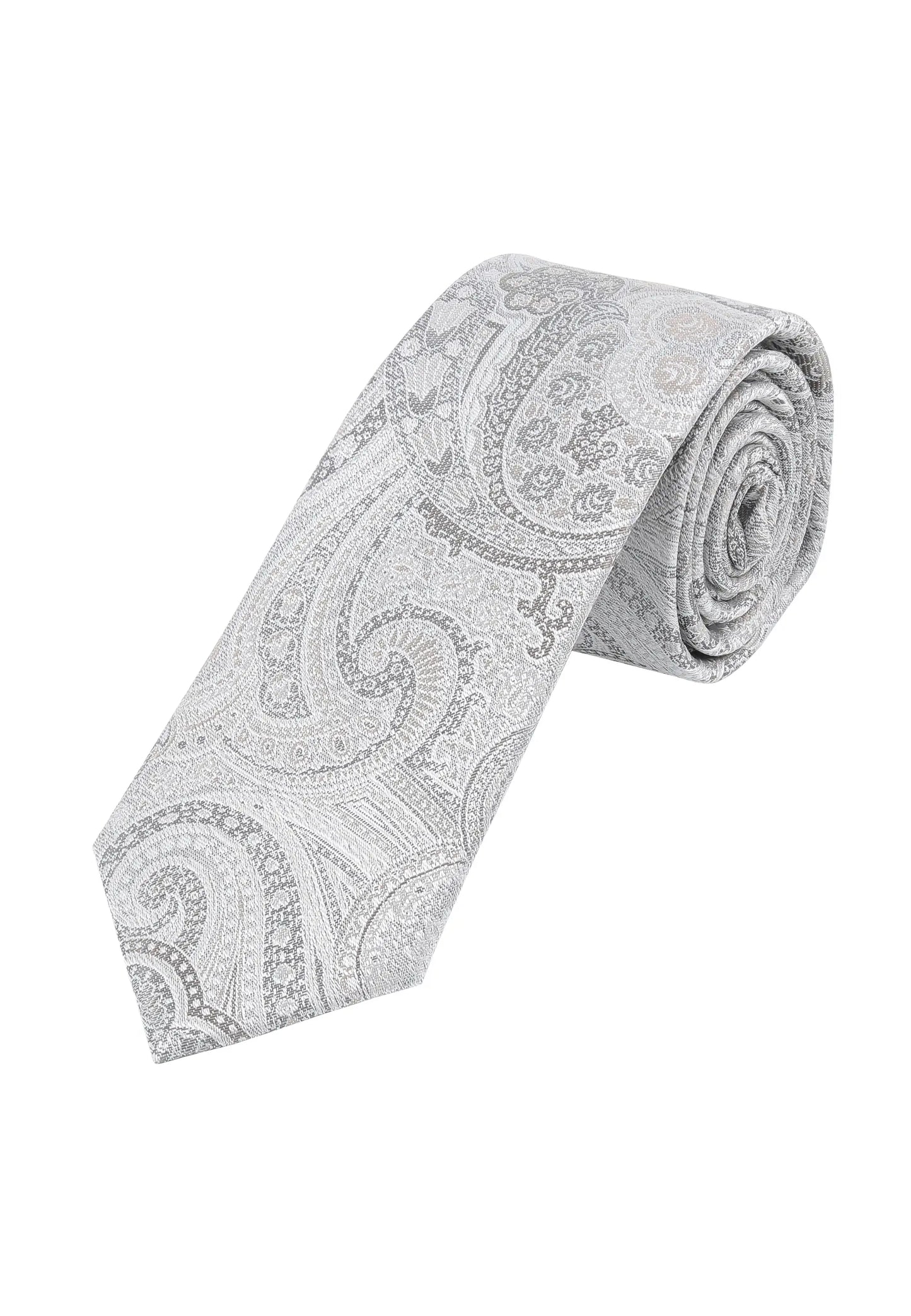 (Silber) Hochzeitskrawatte Herren Paisley Seide – gerollt Gesamtansicht