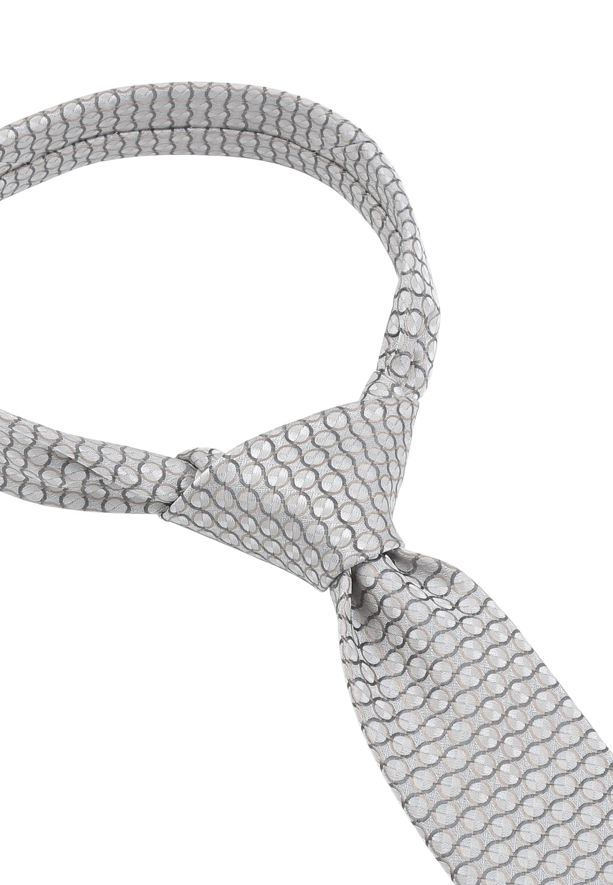 (Silber) Hochzeitskrawatte Kreise – Detailansicht gebundener Knoten
