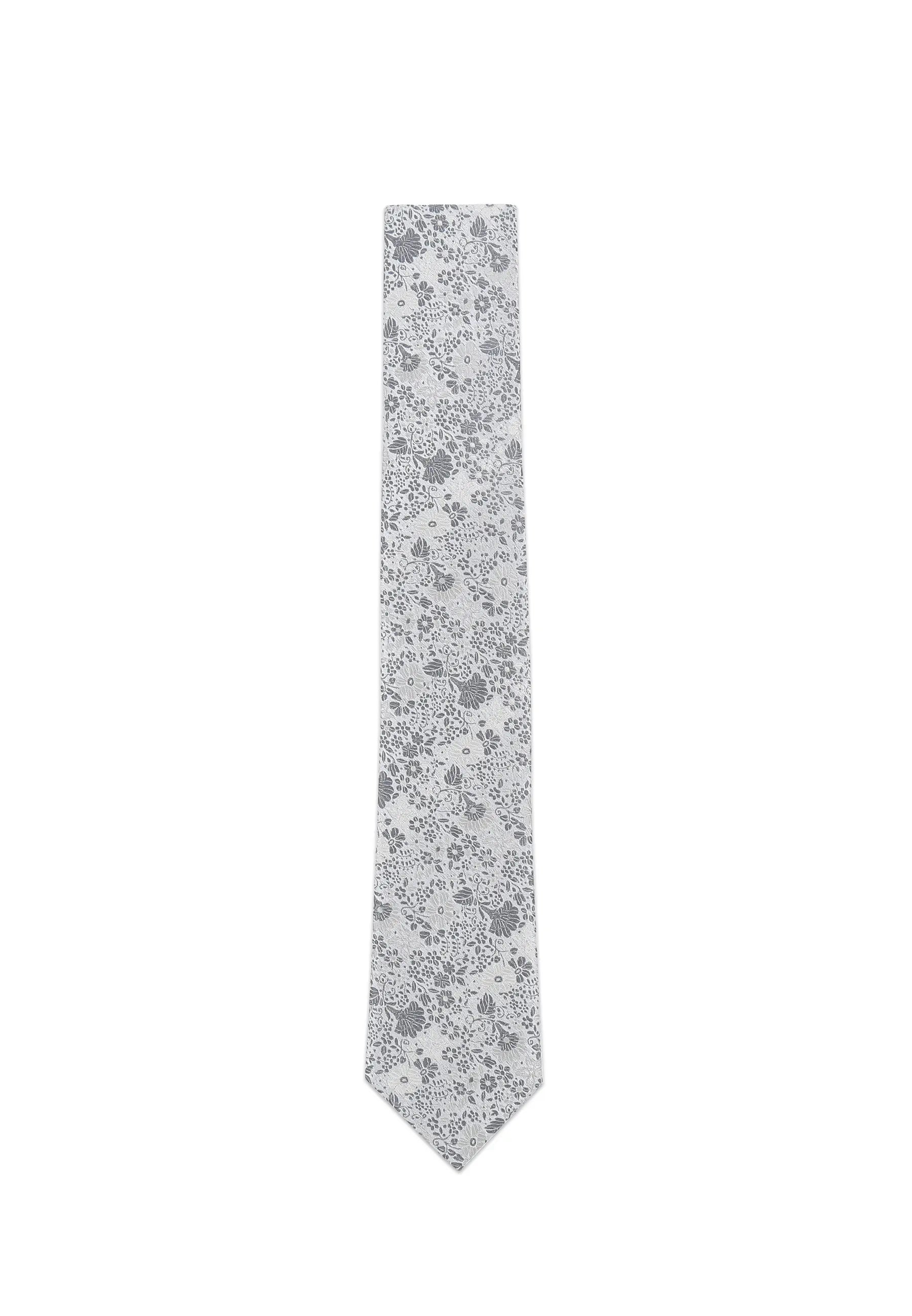 (Silber) Krawatte Hochzeit Floral Seide – Frontalansicht gerade ausgelegt
