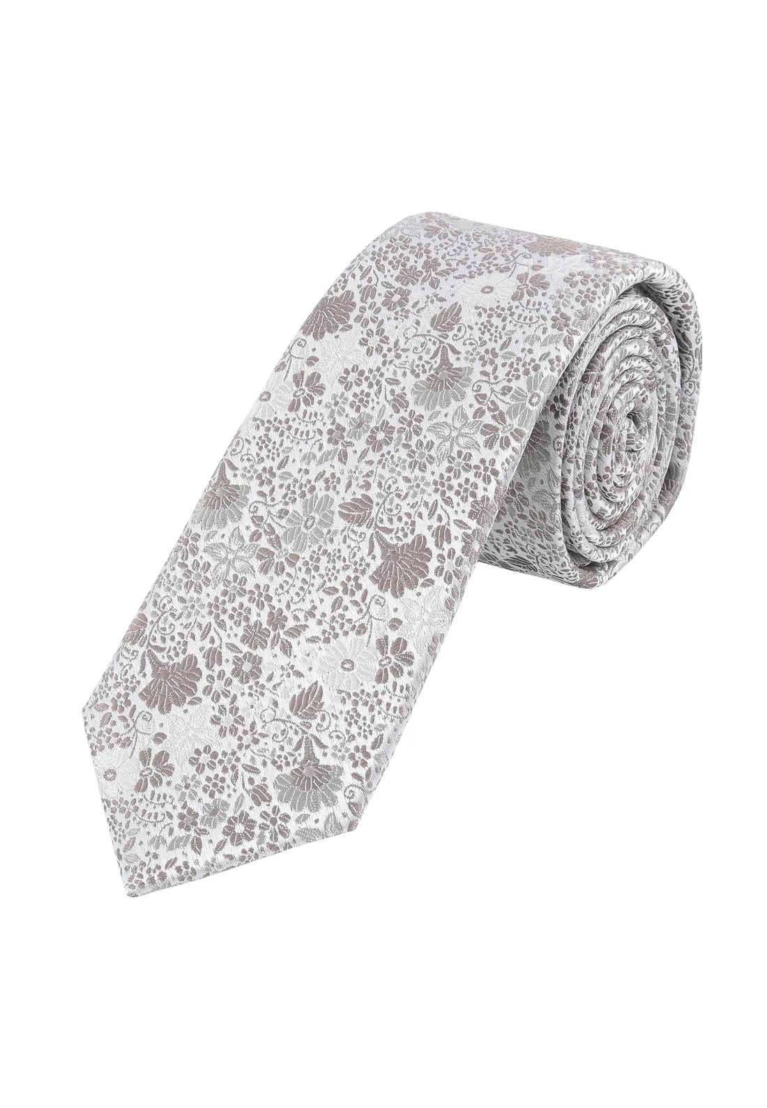 (Taupe) Hochzeitskrawatte Herren Floral Seide – gerollt Gesamtansicht
