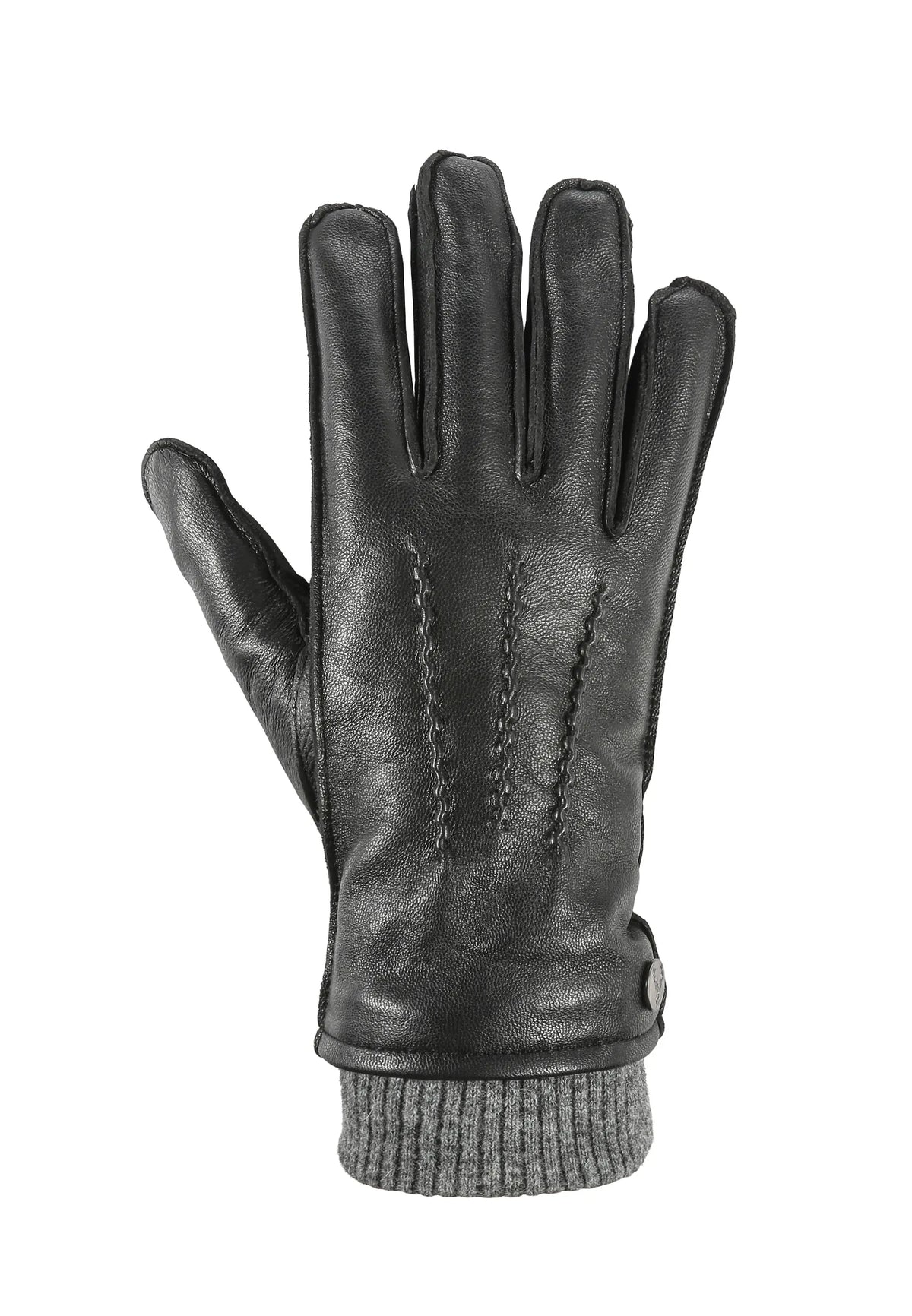(Schwarz) Lederhandschuhe Herren mit Strickbund – Handrücken mit Ziernähten