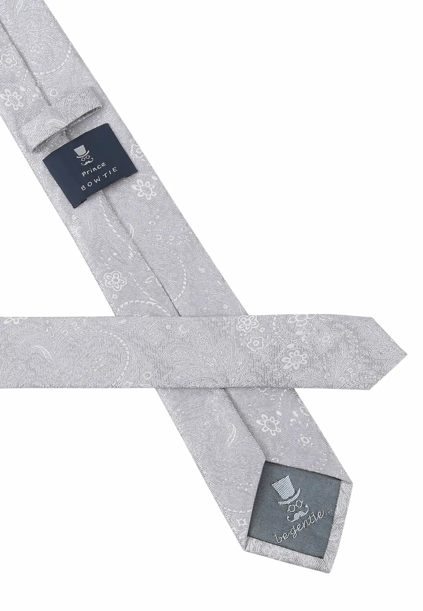 (Hellgrau) Krawatte Paisley Seide – Rückseite mit Prince Bowtie Label