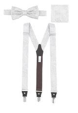 (Champagner) Hosenträger Set Paisley Seide mit Fliege und Einstecktuch – Gesamtansicht Y-Form