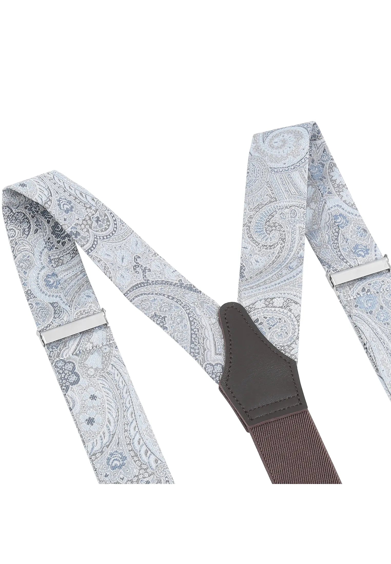 (Blau) Hosenträger Paisley Seide Detailansicht – Rückenteil mit echtem Rindsleder