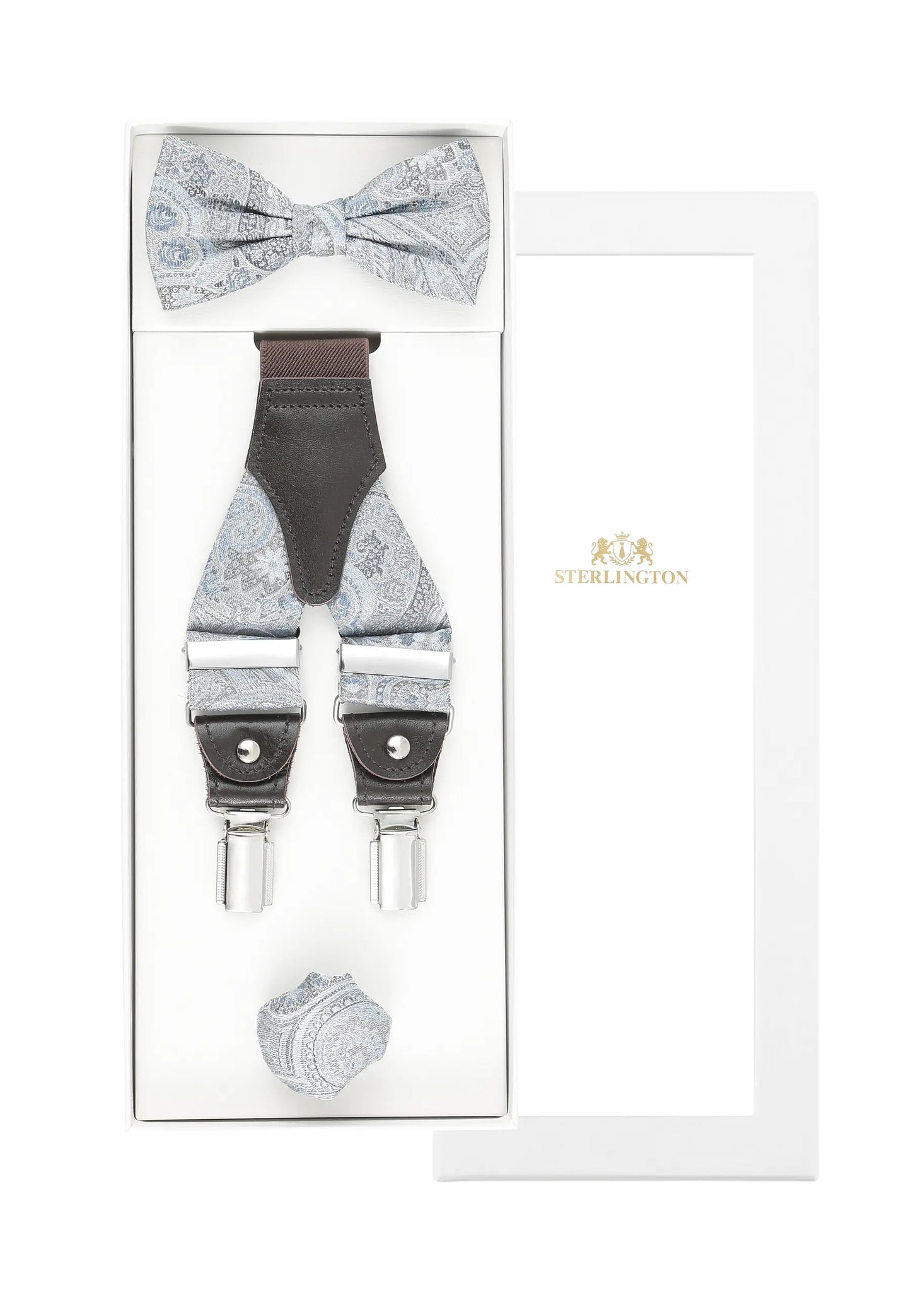 (Blau) Hosenträger Set Hochzeit Paisley mit Fliege und Einstecktuch – Sterlington Geschenkbox