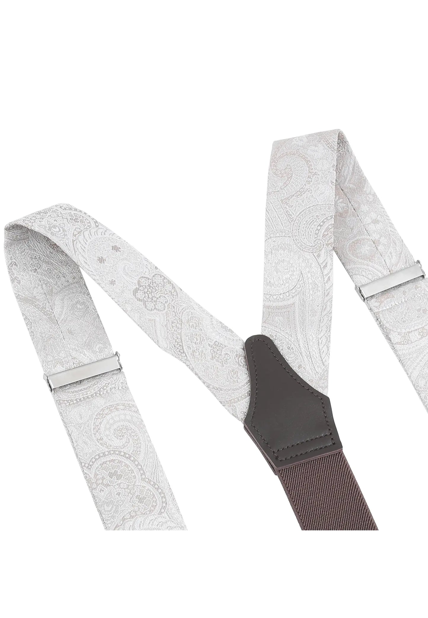 (Beige) Hosenträger Paisley Seide Detailansicht – Rückenteil mit echtem Rindsleder
