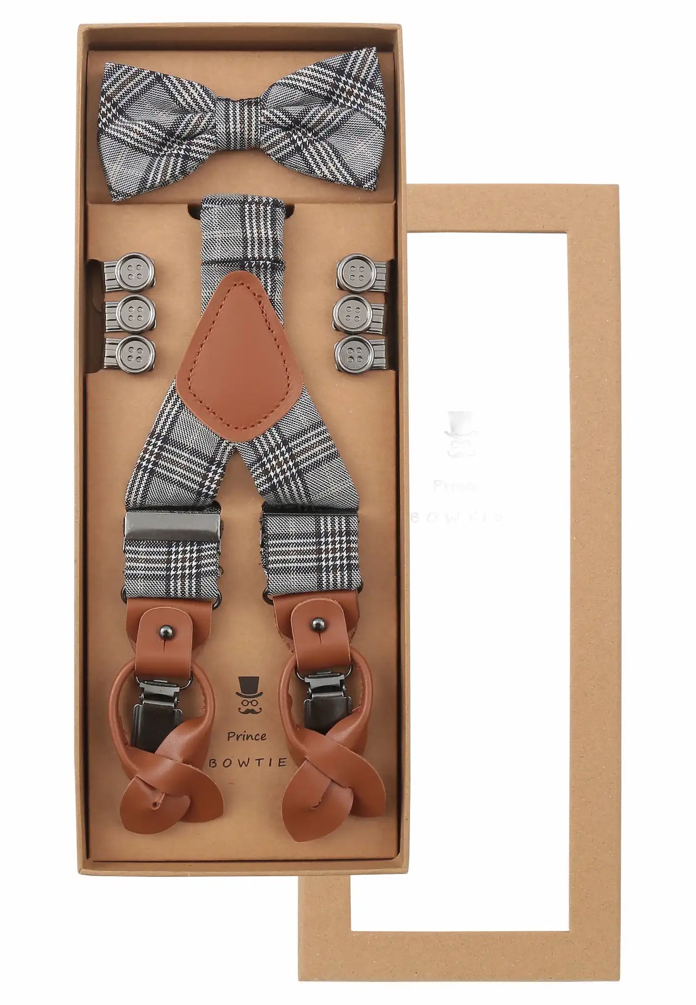 (Grau) Hosenträger-Set mit Fliege in Geschenkbox, zusätzlich enthaltene Knopfhalter, graues Glencheck-Muster