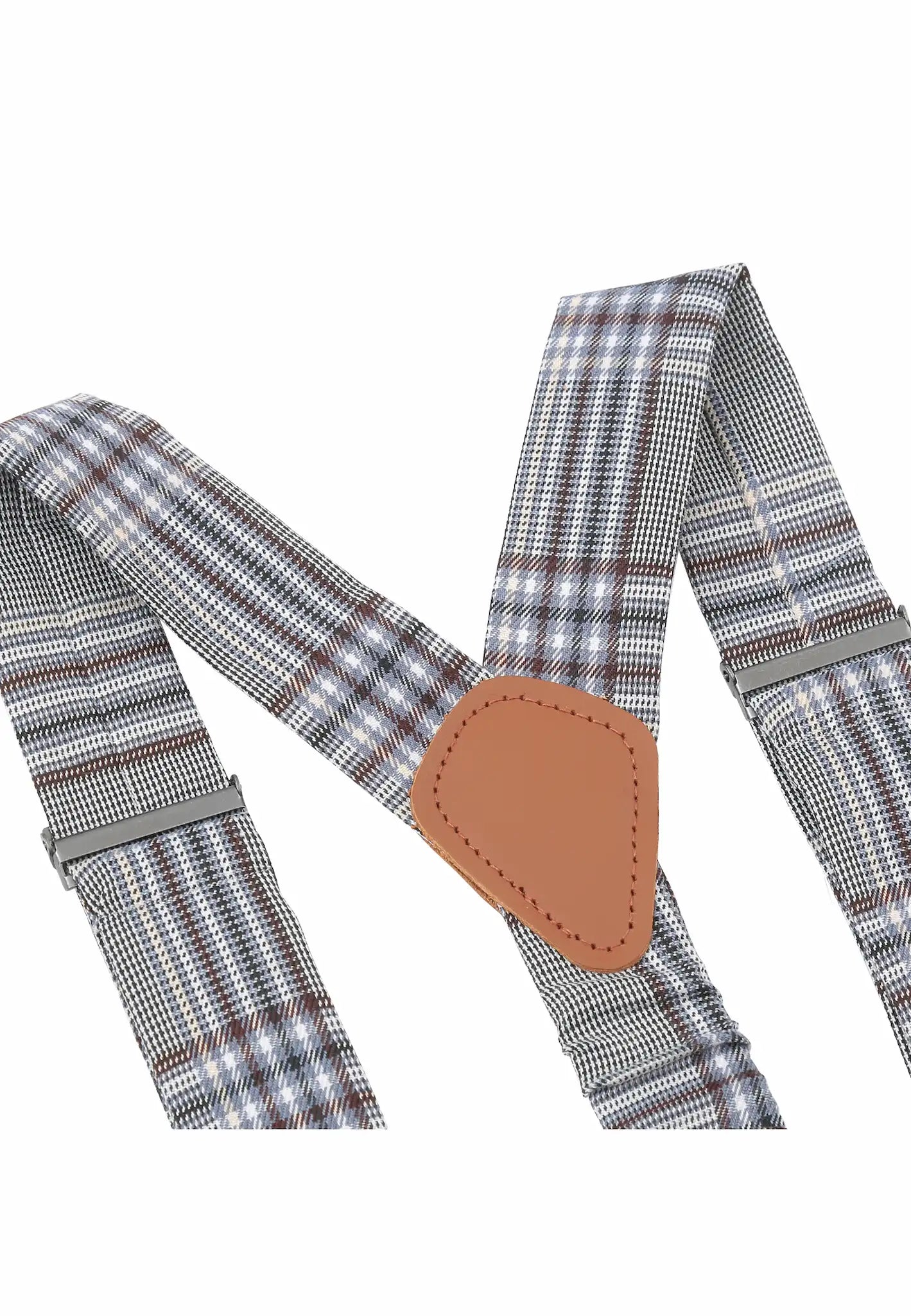(Grau) Detailaufnahme Rückenstück mit Leder und Glencheck-Stoff, hochwertige Metallteile und Verarbeitung