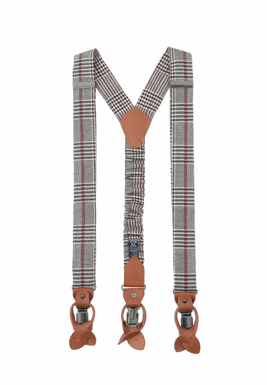 (Bordeaux) Hosenträger freigestellt im Glencheck-Muster, verstellbare Länge, Clips und Lederdetails
