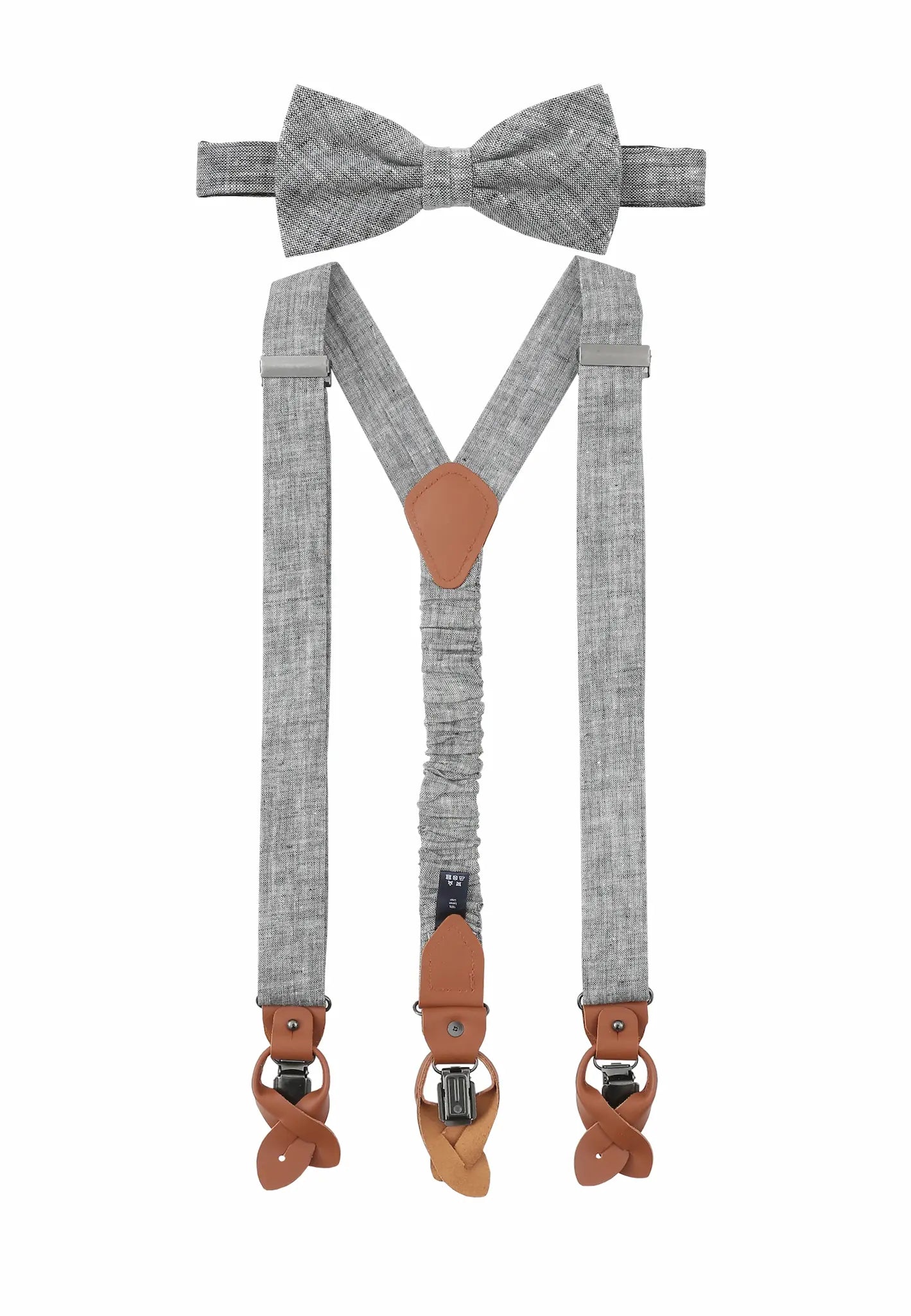 (Grau) Hosenträger und Fliege Herren Leinen – Y-Form mit Lederdetails