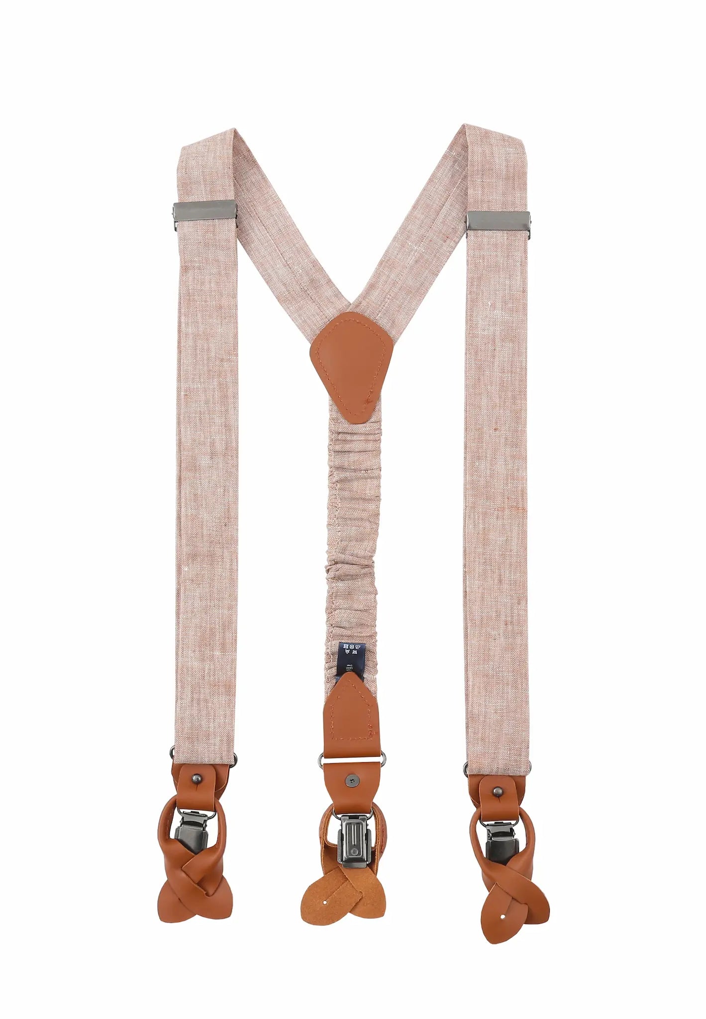 (Beige) Hosenträger Herren Leinen – Rückansicht Y-Form mit Clips und Lederschlaufen