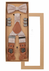 (Beige) Hosenträger Set Herren Leinen mit Fliege – Geschenkbox Prince Bowtie