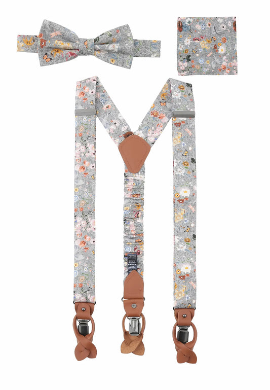 (Grau) Hosenträger Set Blumenmuster mit Fliege und Einstecktuch – Gesamtansicht