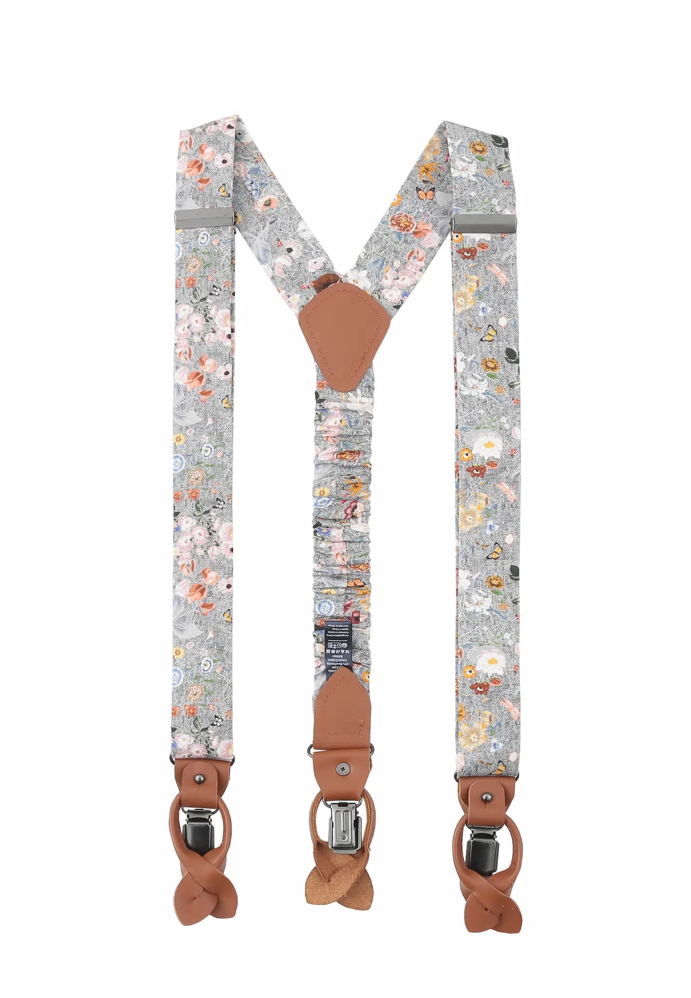 Grau) Hosenträger Herren Blumenmuster – Rückansicht Y-Form mit Clips