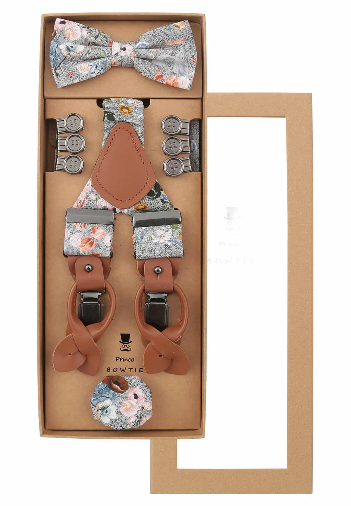 Men's suspender set in silk & cotton – floral pattern