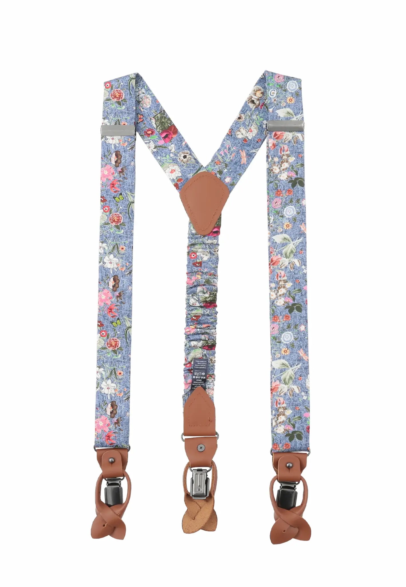 (Blau) Hosenträger Herren Blumenmuster – Rückansicht Y-Form mit Clips