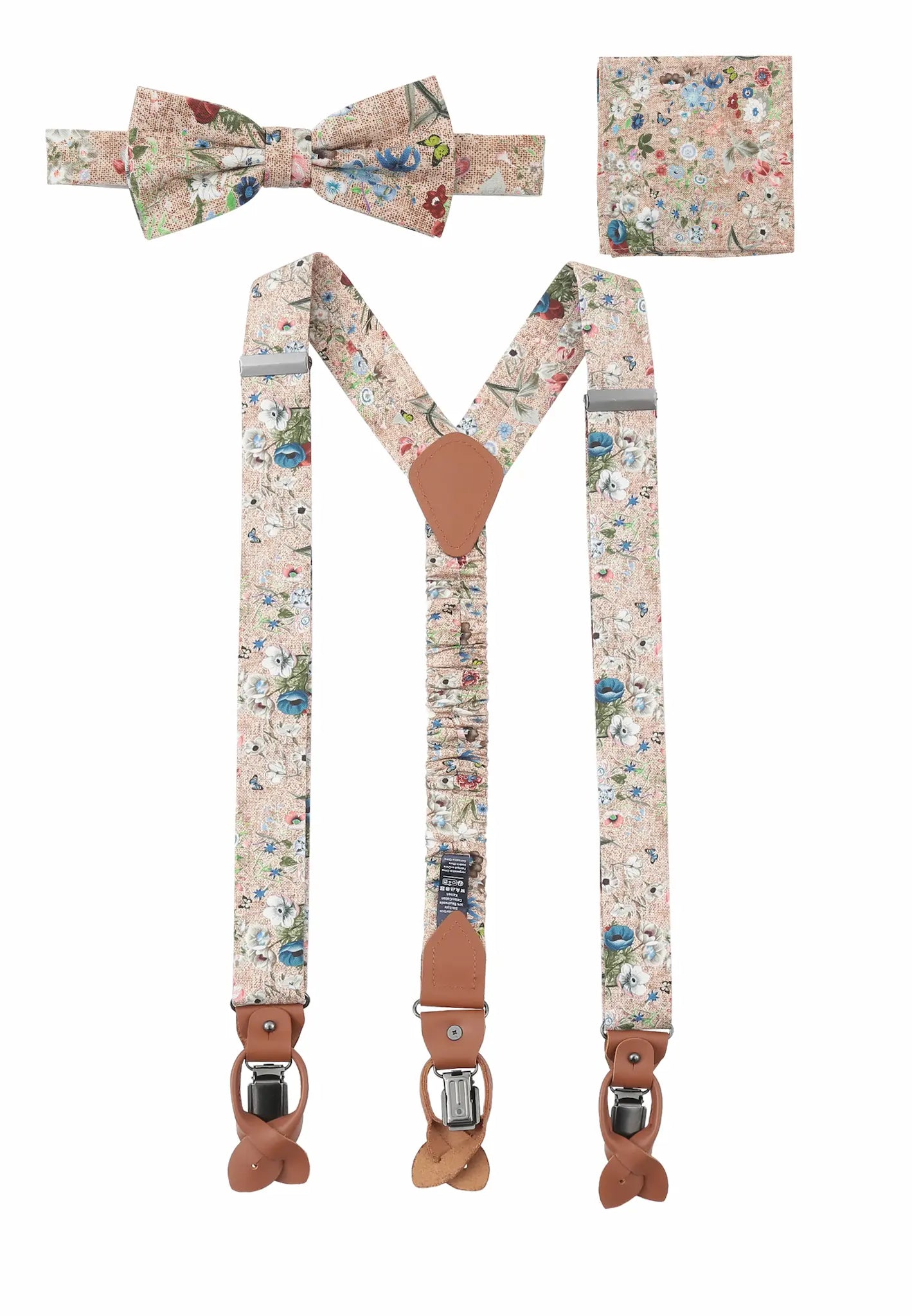 (Beige) Hosenträger Set Blumenmuster mit Fliege und Einstecktuch – Gesamtansicht