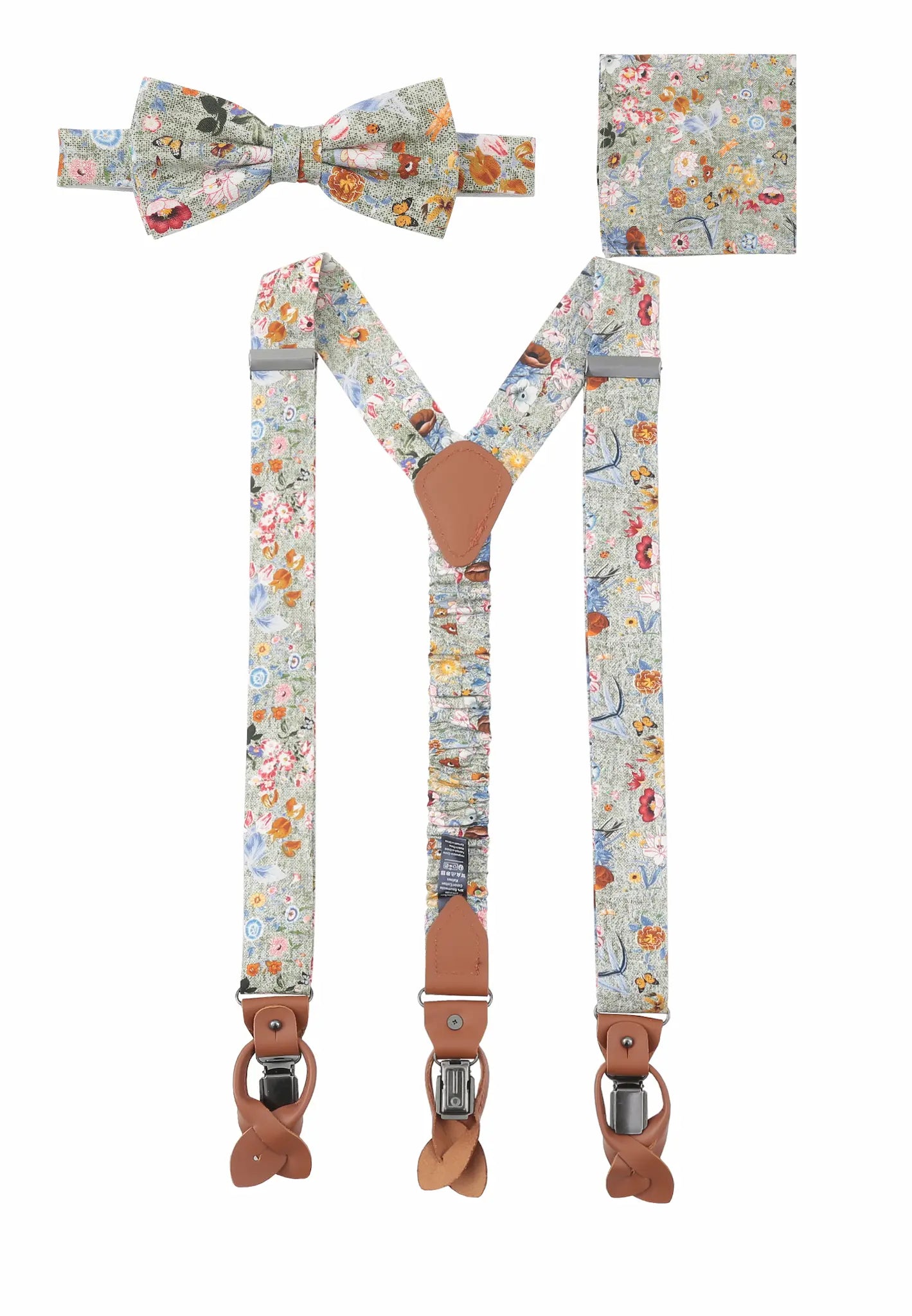 (Grün) Hosenträger Set Blumenmuster mit Fliege und Einstecktuch – Gesamtansicht