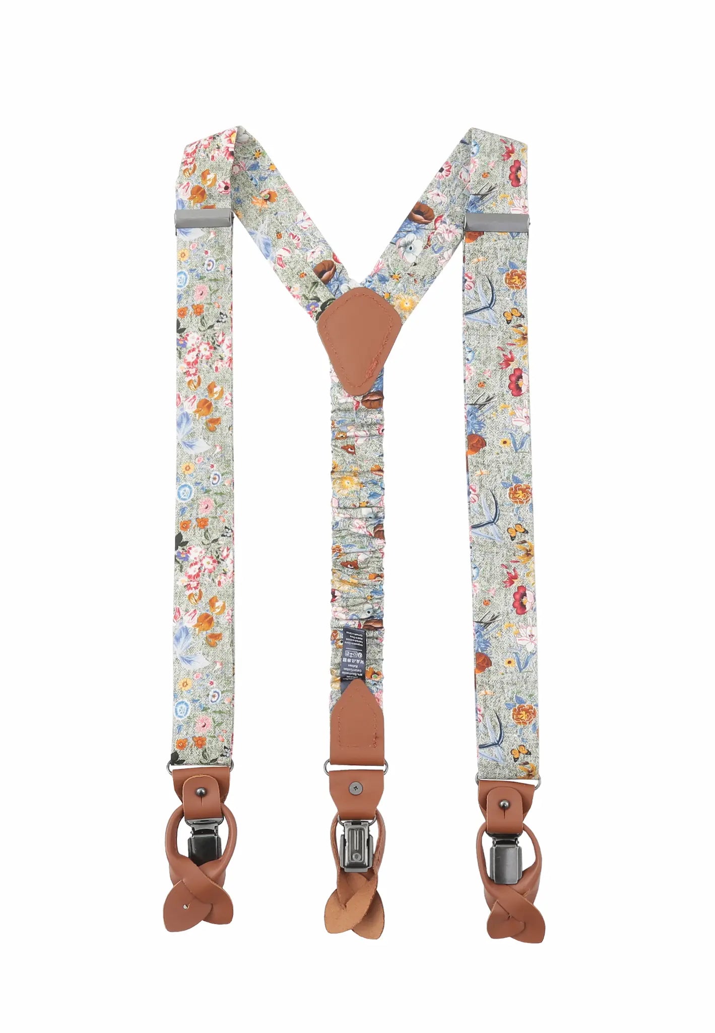 (Grün) Hosenträger Herren Blumenmuster – Rückansicht Y-Form mit Clips