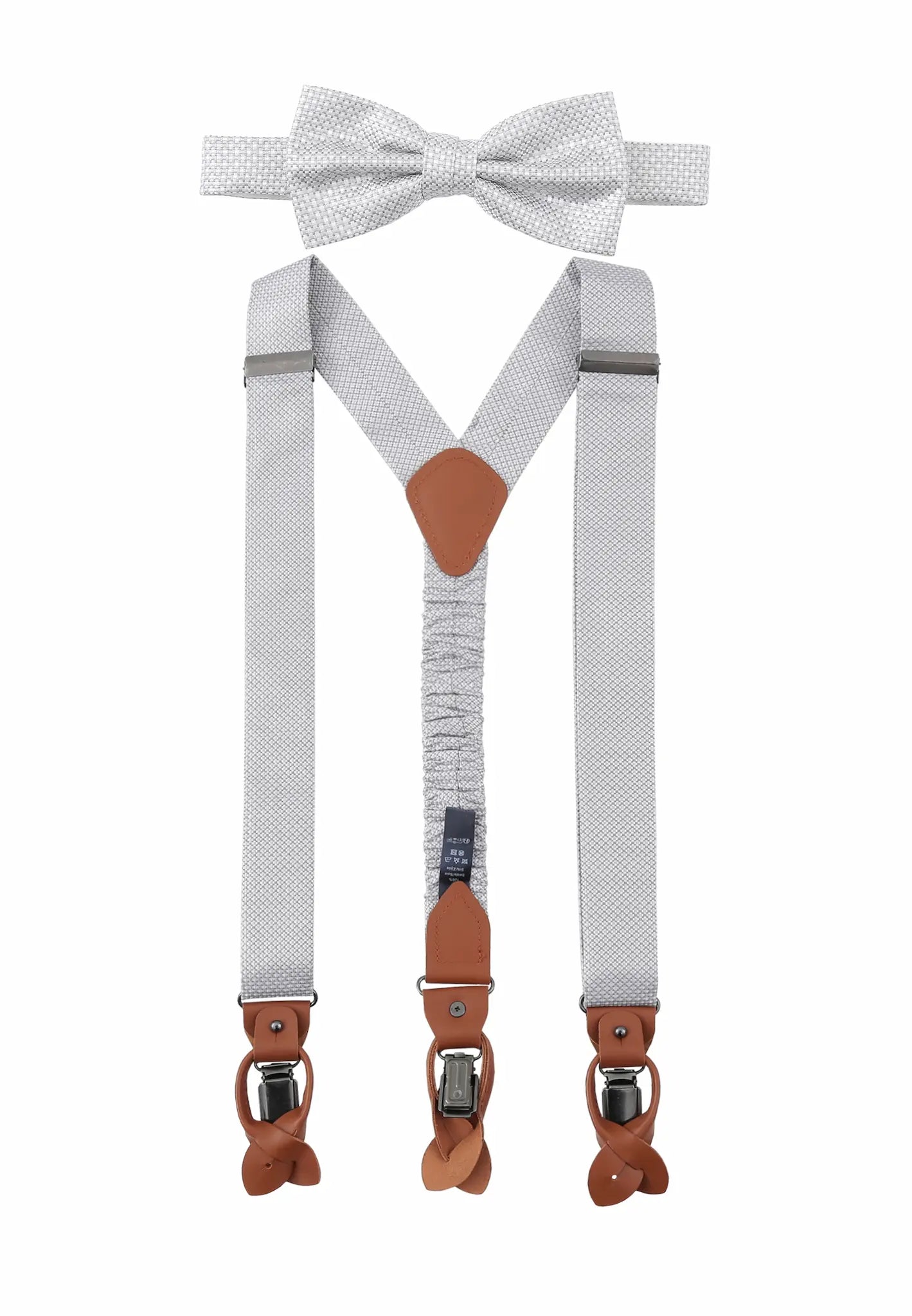 (Silber) Hosenträger und Fliege Herren Mikromuster Seide – Y-Form mit Lederdetails