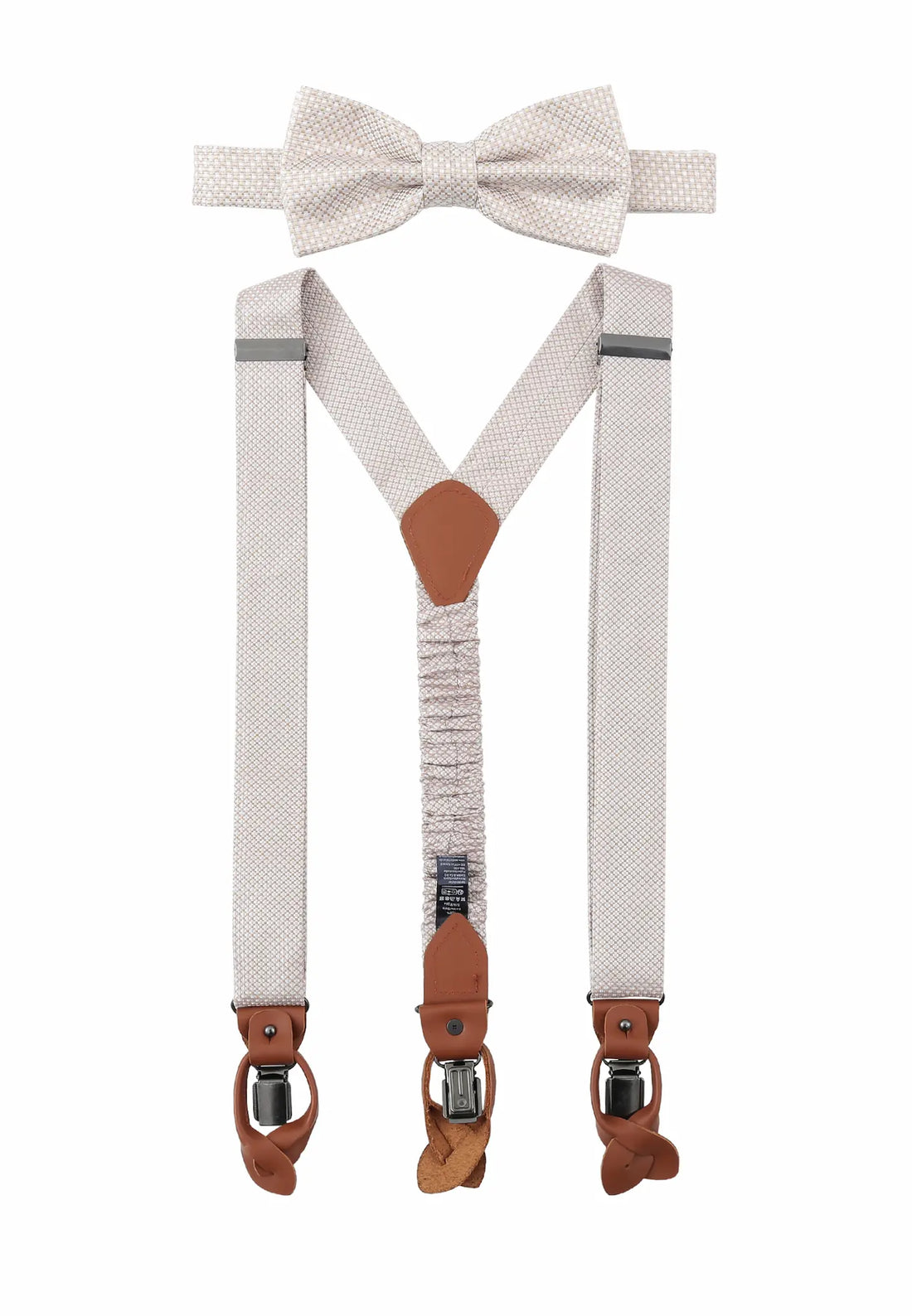 (Beige) Hosenträger und Fliege Herren Mikromuster Seide – Y-Form mit Lederdetails