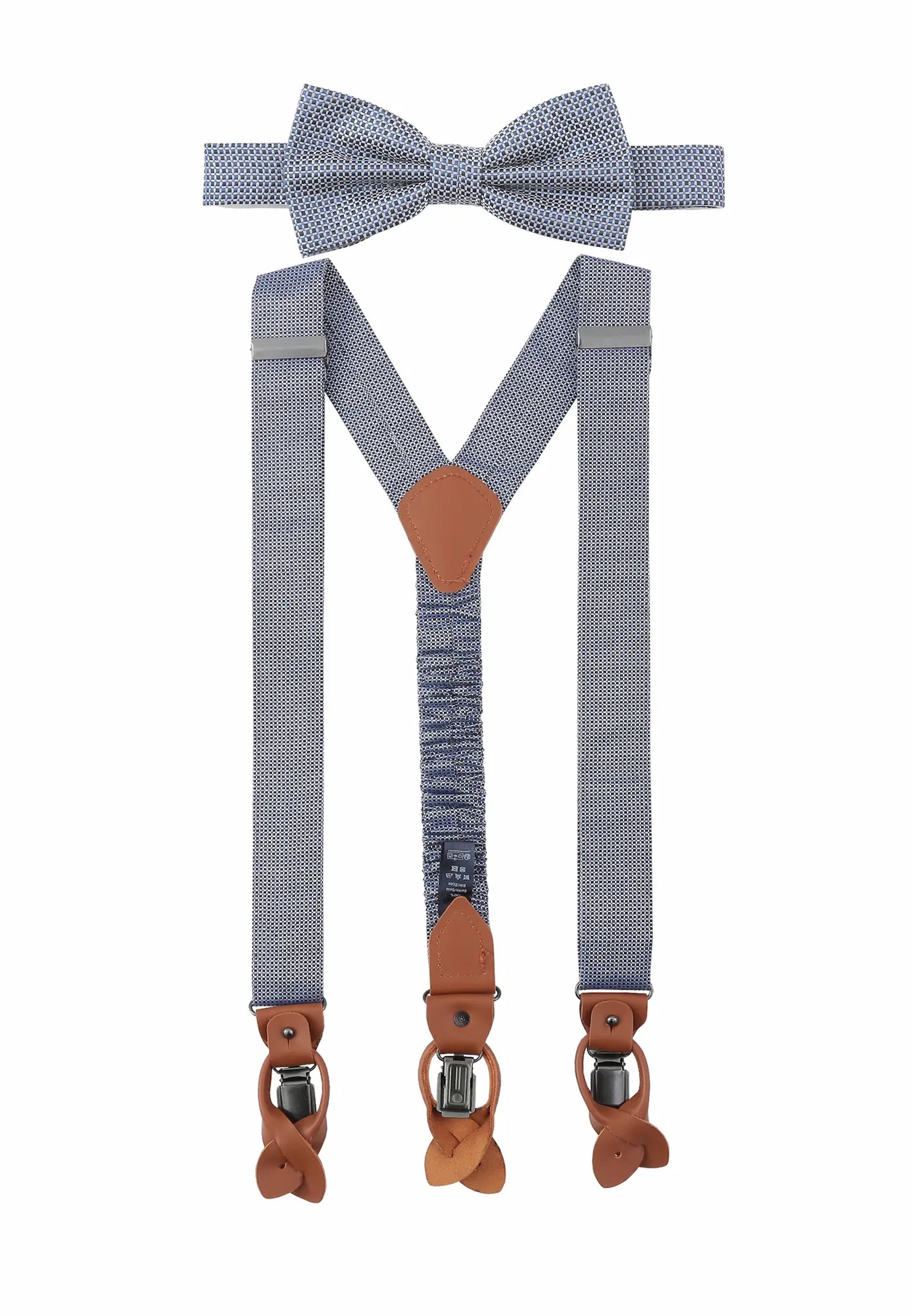 (Dunkelblau) Hosenträger und Fliege Herren Mikromuster Seide – Y-Form mit Lederdetails