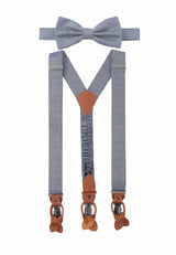 (Dunkelblau) Hosenträger und Fliege Herren Mikromuster Seide – Y-Form mit Lederdetails