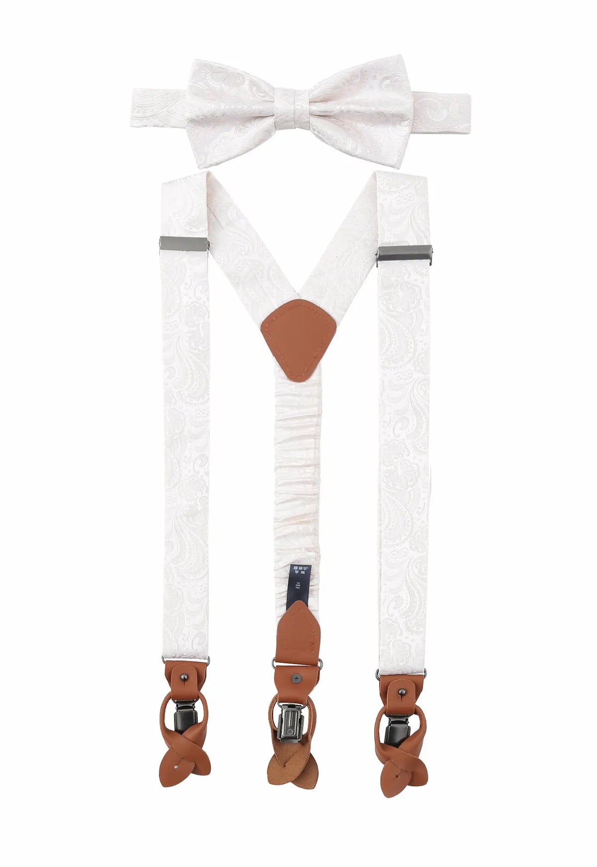 (Off-White) Hosenträger und Fliege Herren Paisley Seide – Y-Form mit Lederdetails