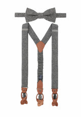 (Grau) Hosenträger und Fliege Herren Tweed – Y-Form mit Lederdetails