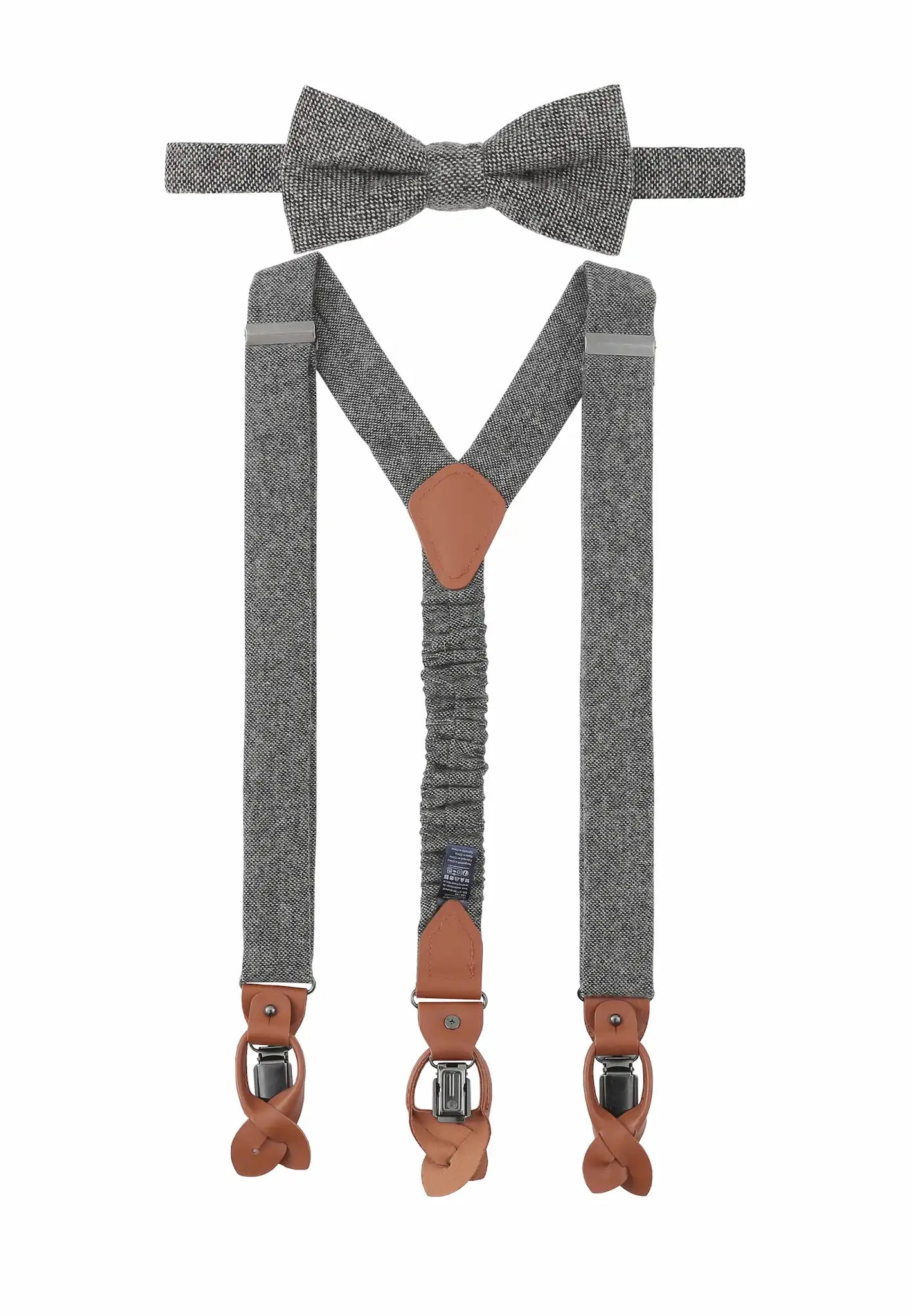 (Grau) Hosenträger und Fliege Herren Tweed – Y-Form mit Lederdetails