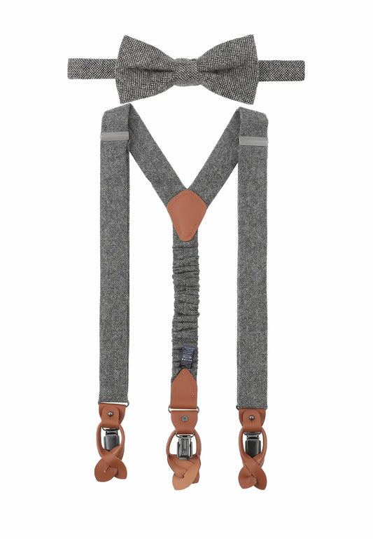 (Grau) Hosenträger und Fliege Herren Tweed – Y-Form mit Lederdetails