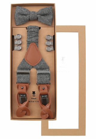 Men's suspender set with bow tie in wool – tweed