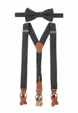 (Anthrazit) Hosenträger und Fliege Herren Tweed – Y-Form mit Lederdetails