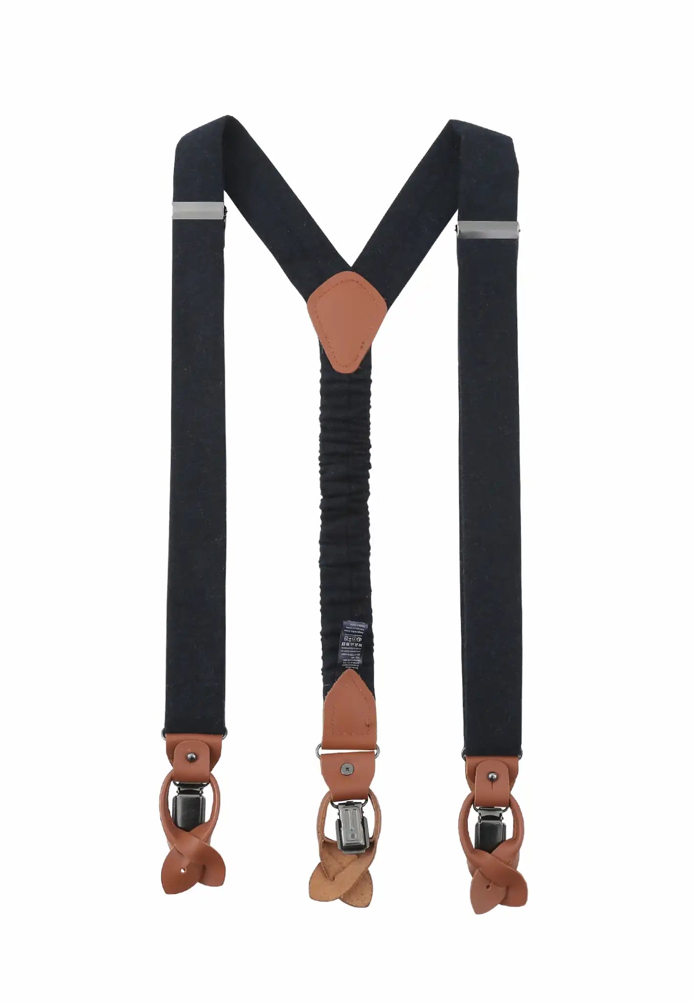 (Dunkelblau) Hosenträger Herren Tweed – Rückansicht Y-Form mit Clips und Lederschlaufen