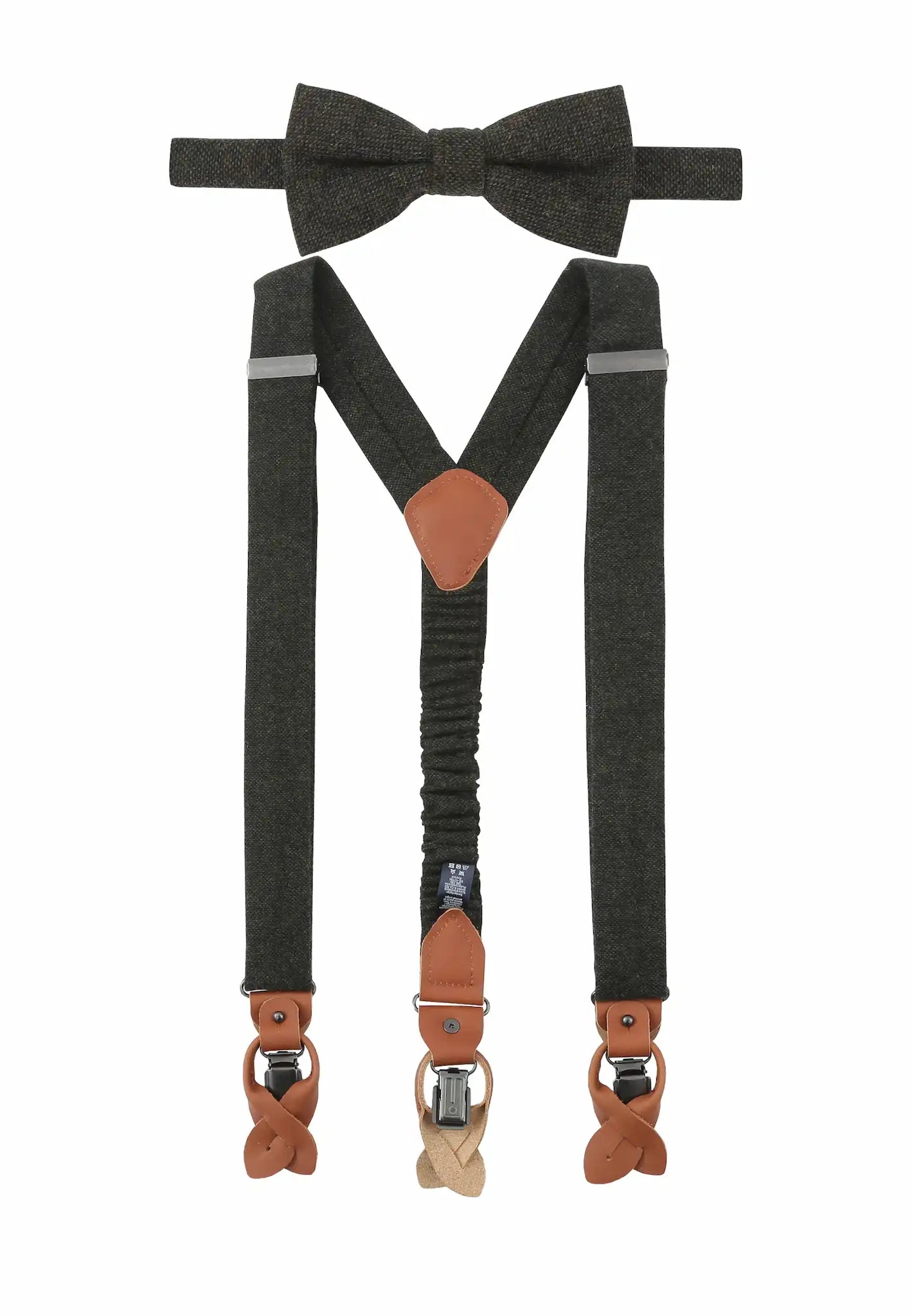 (Dunkelgrün) Hosenträger und Fliege Herren Tweed – Y-Form mit Lederdetails