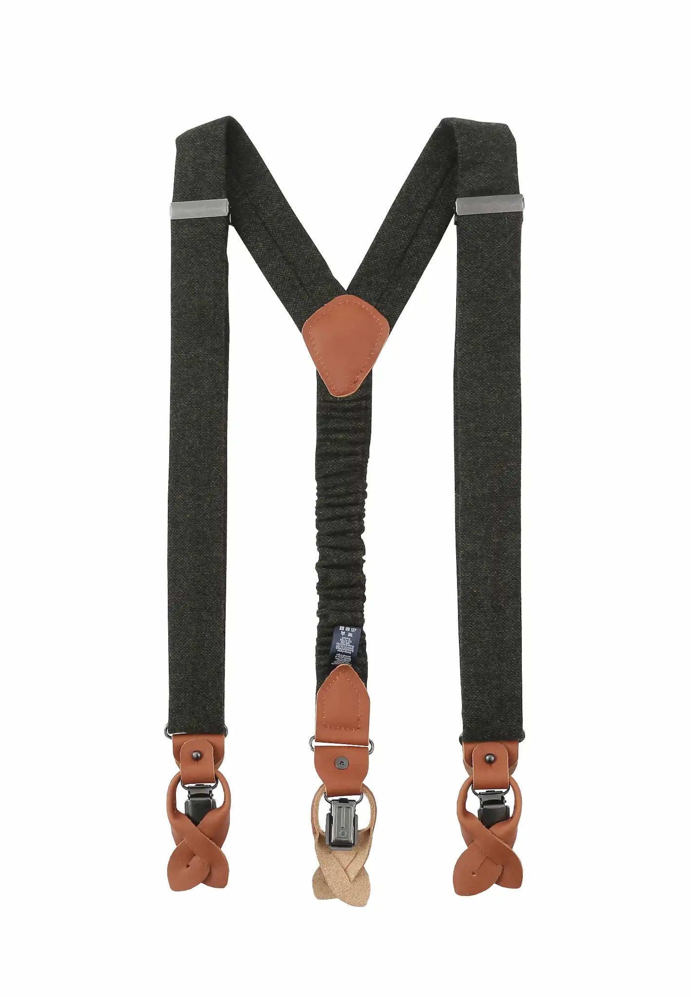 (Dunkelgrün) Hosenträger Herren Tweed – Rückansicht Y-Form mit Clips und Lederschlaufen