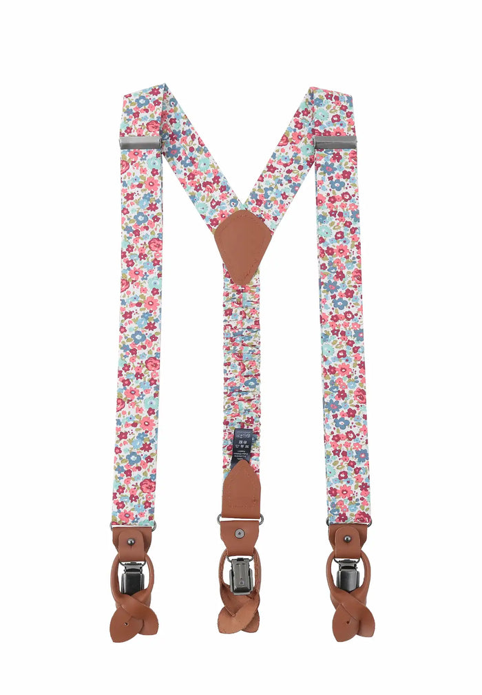 Men's suspender set with bow tie & pocket square made of cotton - floral pattern