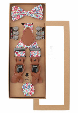 Men's suspender set with bow tie & pocket square made of cotton - floral pattern