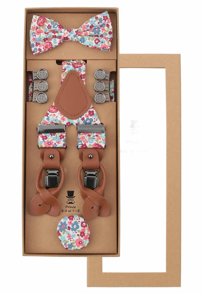 Men's suspender set with bow tie & pocket square made of cotton - floral pattern