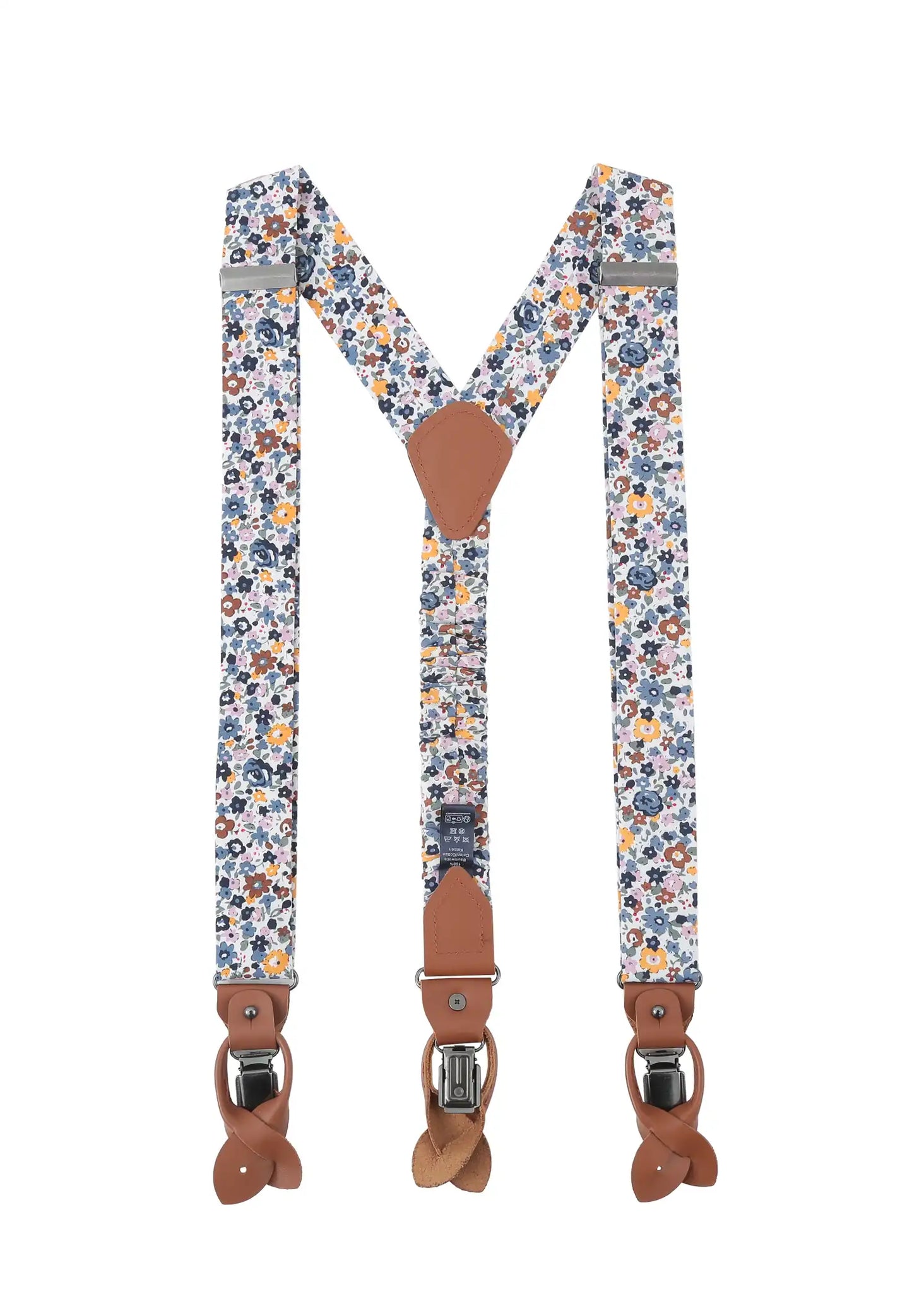(Dunkelblau) Hosenträger Herren Blumenmuster Baumwolle – Y-Form mit Clips und Lederdetails