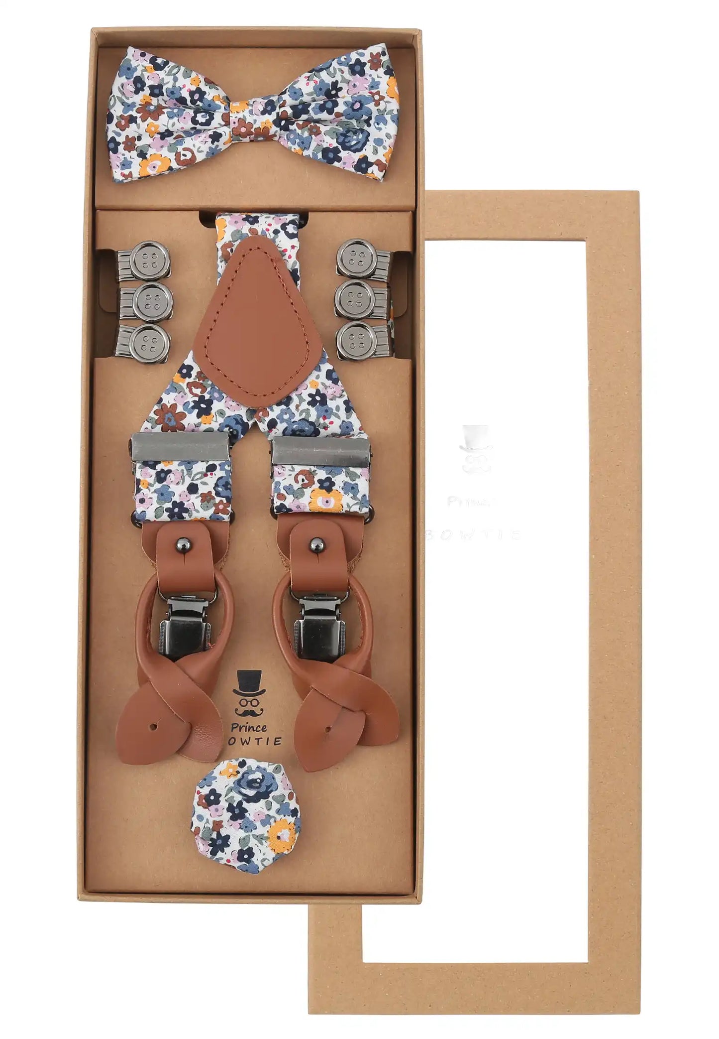 (Dunkelblau) Hosenträger Set Blumenmuster mit Fliege und Einstecktuch – Geschenkverpackung Prince Bowtie