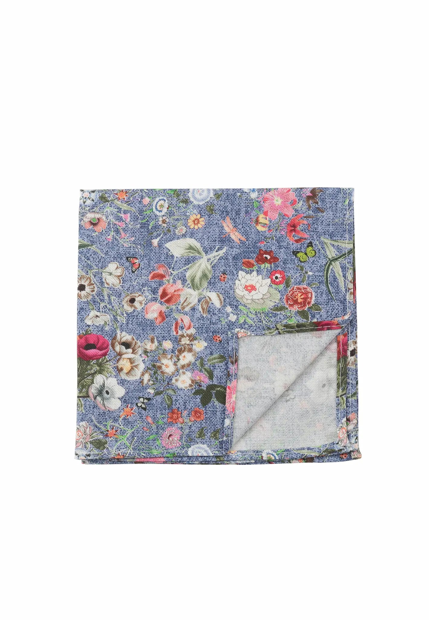 (Blau) Einstecktuch Blumenmuster Seide Baumwolle – Detailansicht Rückseite