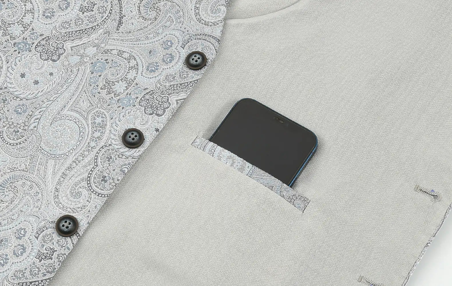 (Blau) Hochzeitsweste Paisley – Detailansicht Innentasche mit Handy