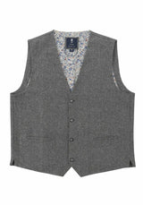(Grau) Weste Herren Tweed – Frontalansicht mit Knopfleiste und Paspeltaschen